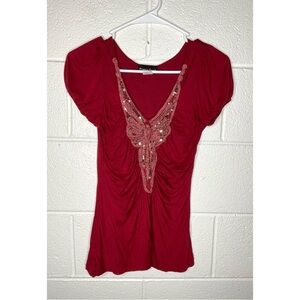 < Y2K “Pretty Good” Red Blouse With Silver Sequin Detail >